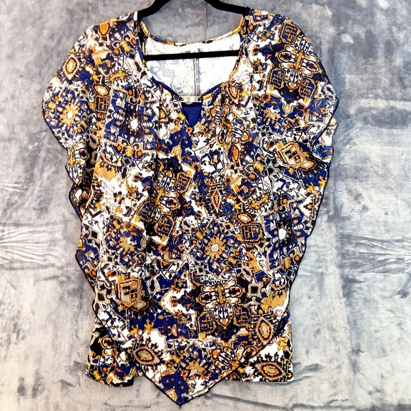 Notations Tops - Notations Shirt Womens Medium Boho Floral Abstract Print Keyhole Blouse Top